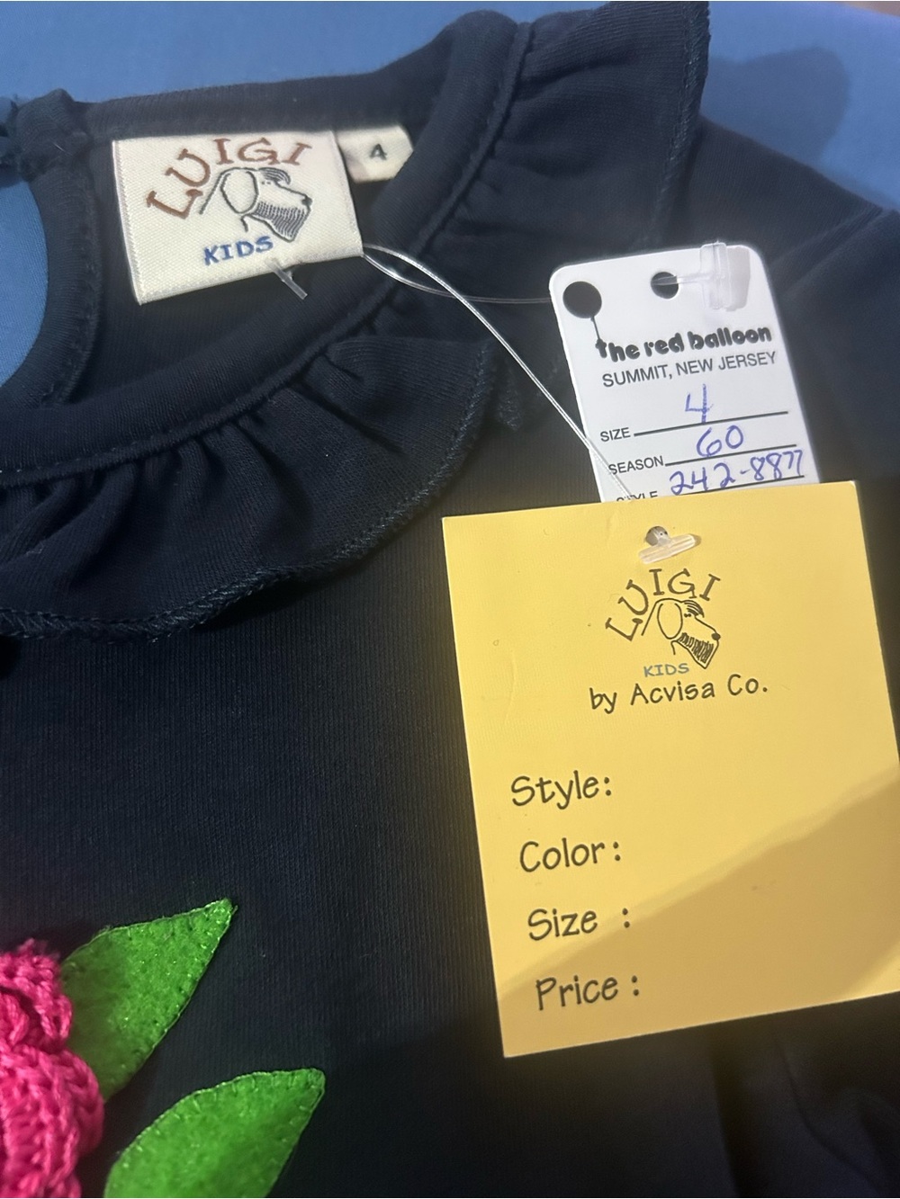 Luigi Kids Navy Blue Ruffle Collar Dress with Floral Applique - Size 4